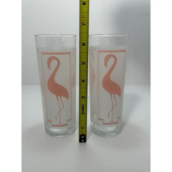 Set of 2 Vtg Glasses Pink flamingo frostedmdrinking glass bird glass Highball‎ - Picture 8 of 9